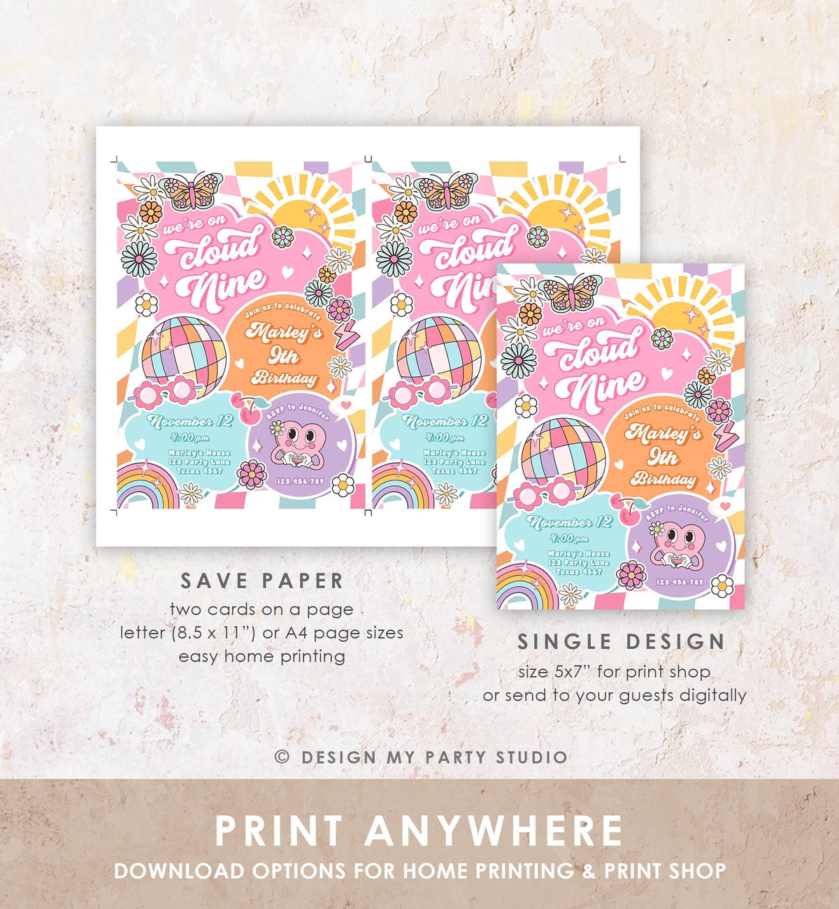 Editable We&#39;re on Cloud Nine Groovy 9th Birthday Party Invitation Groovy Hippie Peace Preppy Varsity Disco Digital Template Printable 0524