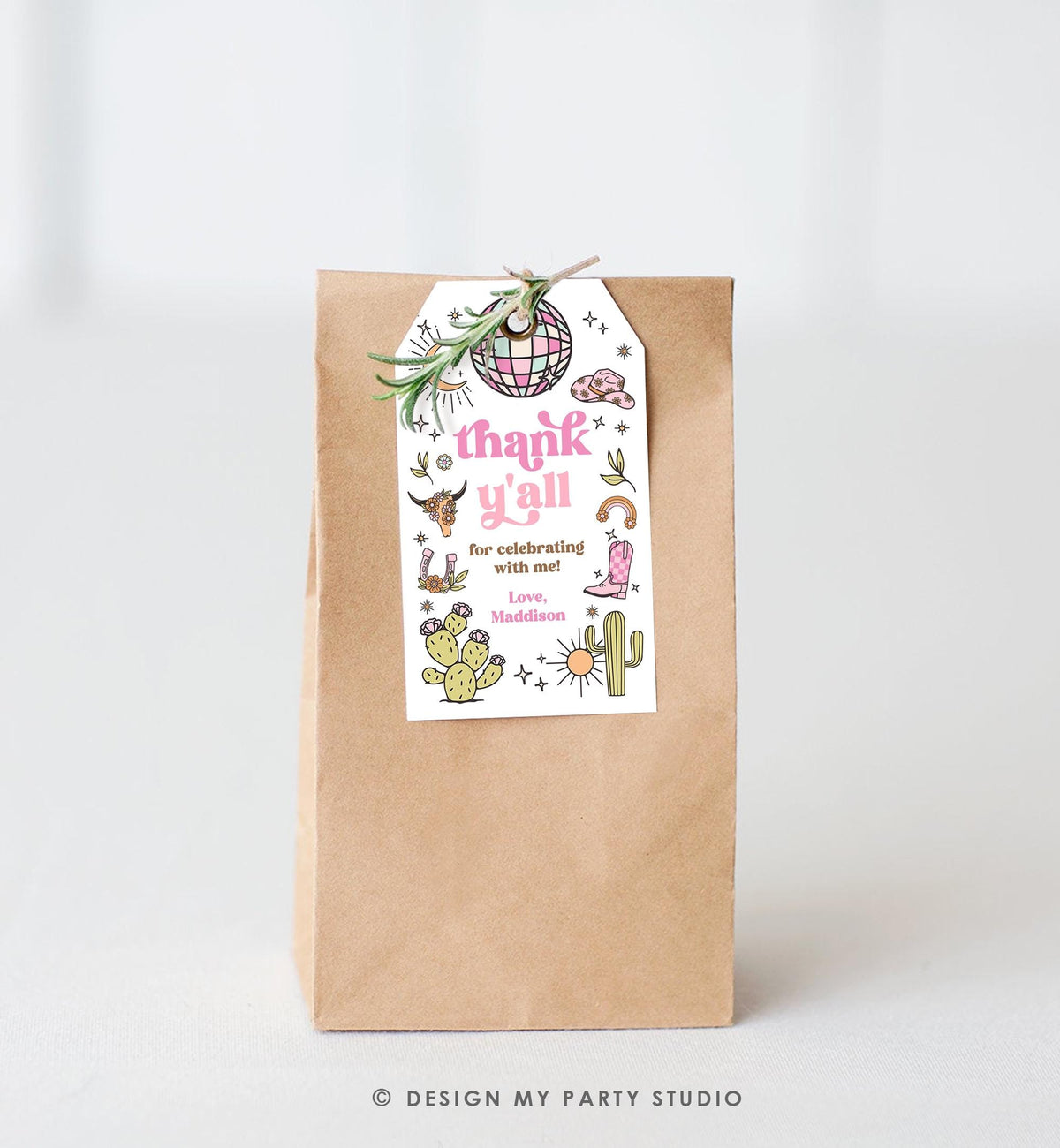 Editable Retro Cowgirl Birthday Favor Tag Nashville Party Gift Disco Pink Girl Rodeo Party Wild West Space Digital Template Printable 0519