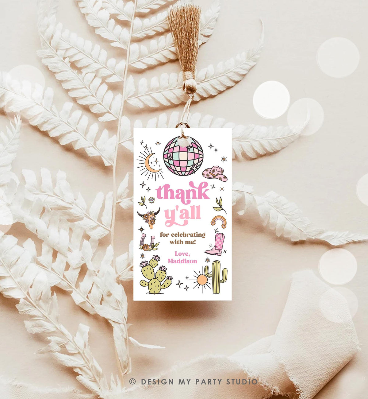 Editable Retro Cowgirl Birthday Favor Tag Nashville Party Gift Disco Pink Girl Rodeo Party Wild West Space Digital Template Printable 0519