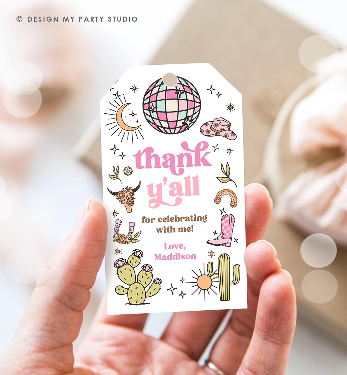 Editable Retro Cowgirl Birthday Favor Tag Nashville Party Gift Disco Pink Girl Rodeo Party Wild West Space Digital Template Printable 0519