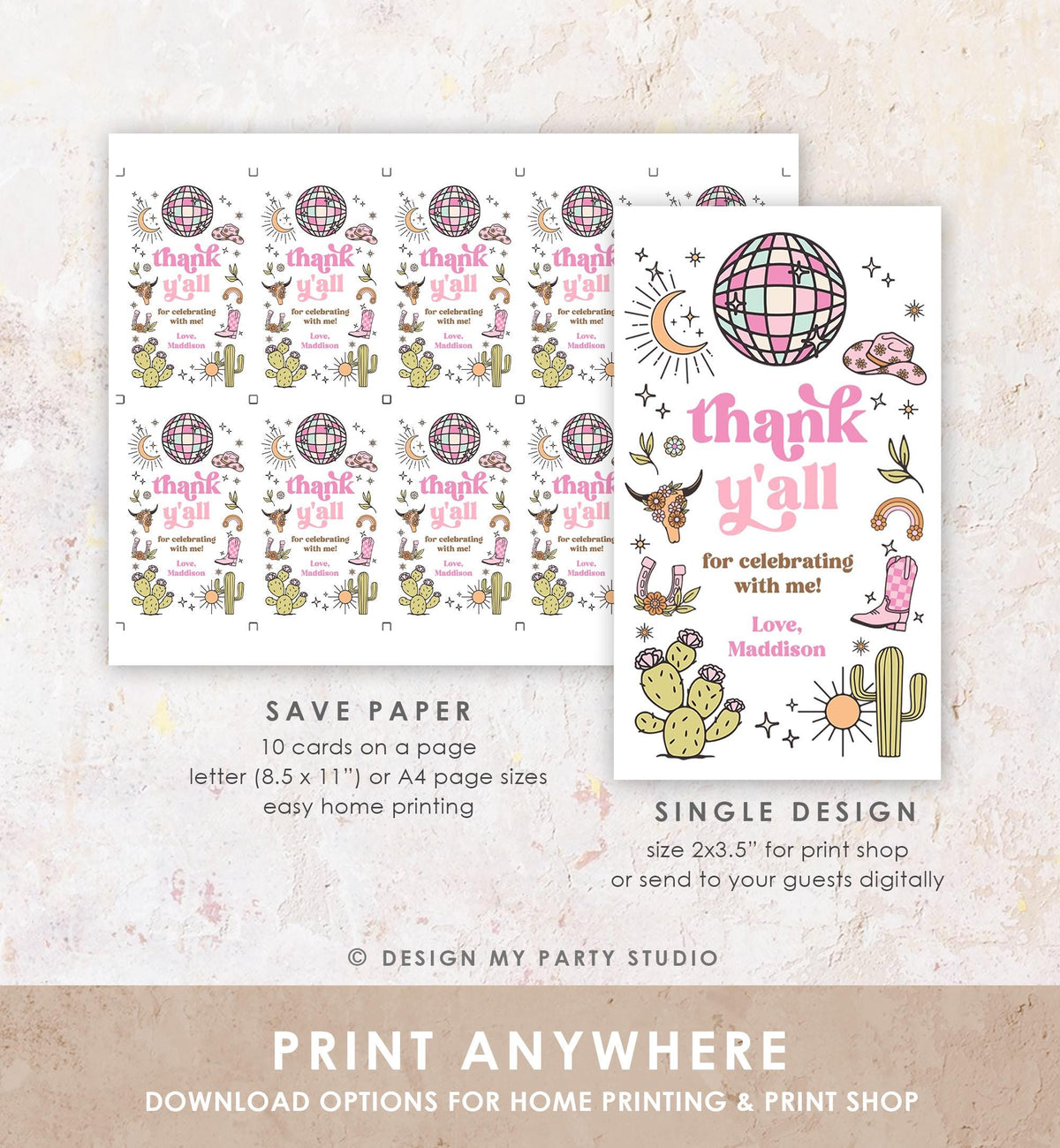 Editable Retro Cowgirl Birthday Favor Tag Nashville Party Gift Disco Pink Girl Rodeo Party Wild West Space Digital Template Printable 0519