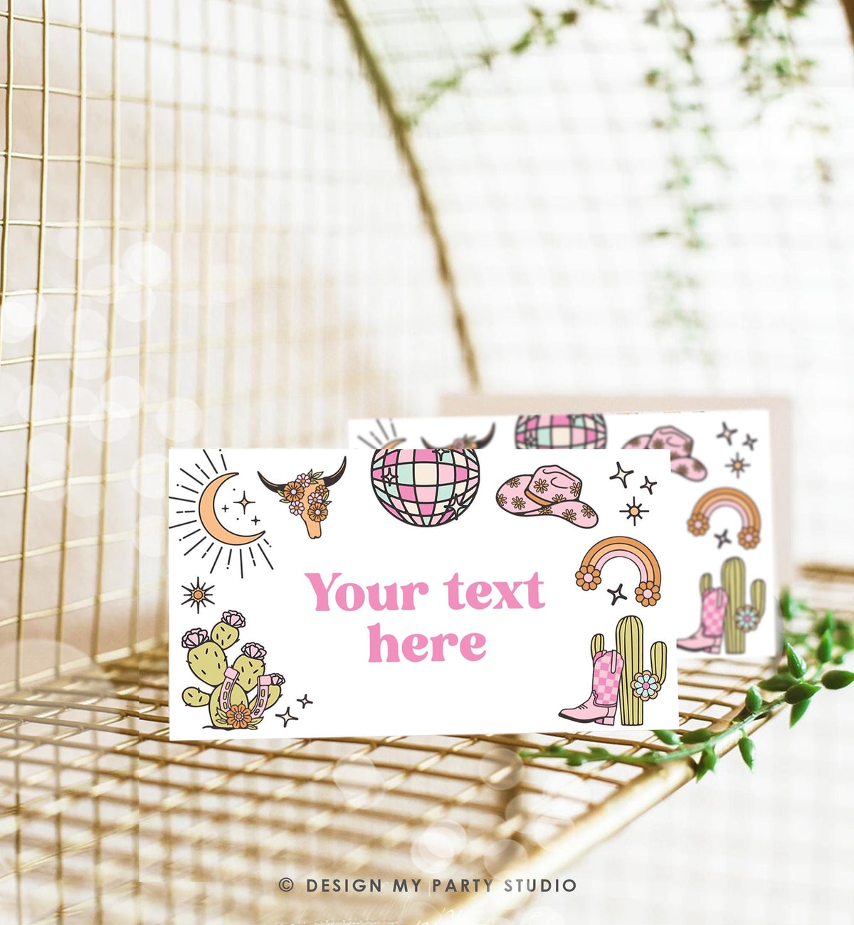 Editable Retro Cowgirl Food Labels Disco Birthday Food Card Tent Girl Pink Nashville Rodeo Buffet Label Digital Template Printable 0519