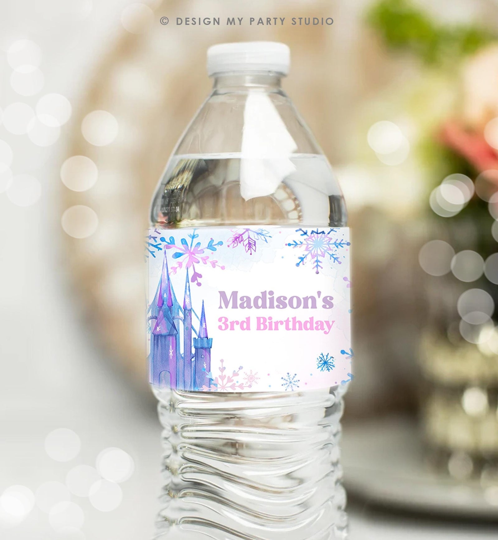 Editable Winter Snowflake Water Bottle Label Winter Onederland Wonderland Birthday Castle Girl Christmas Digital Template Printable 0518