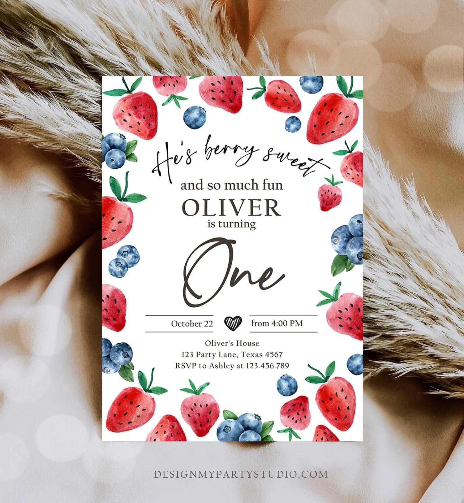 Editable Berry Sweet Birthday Invitation Blueberry Strawberry Picking Party Farmers Market Twin Digital Evite Template Printable 0399