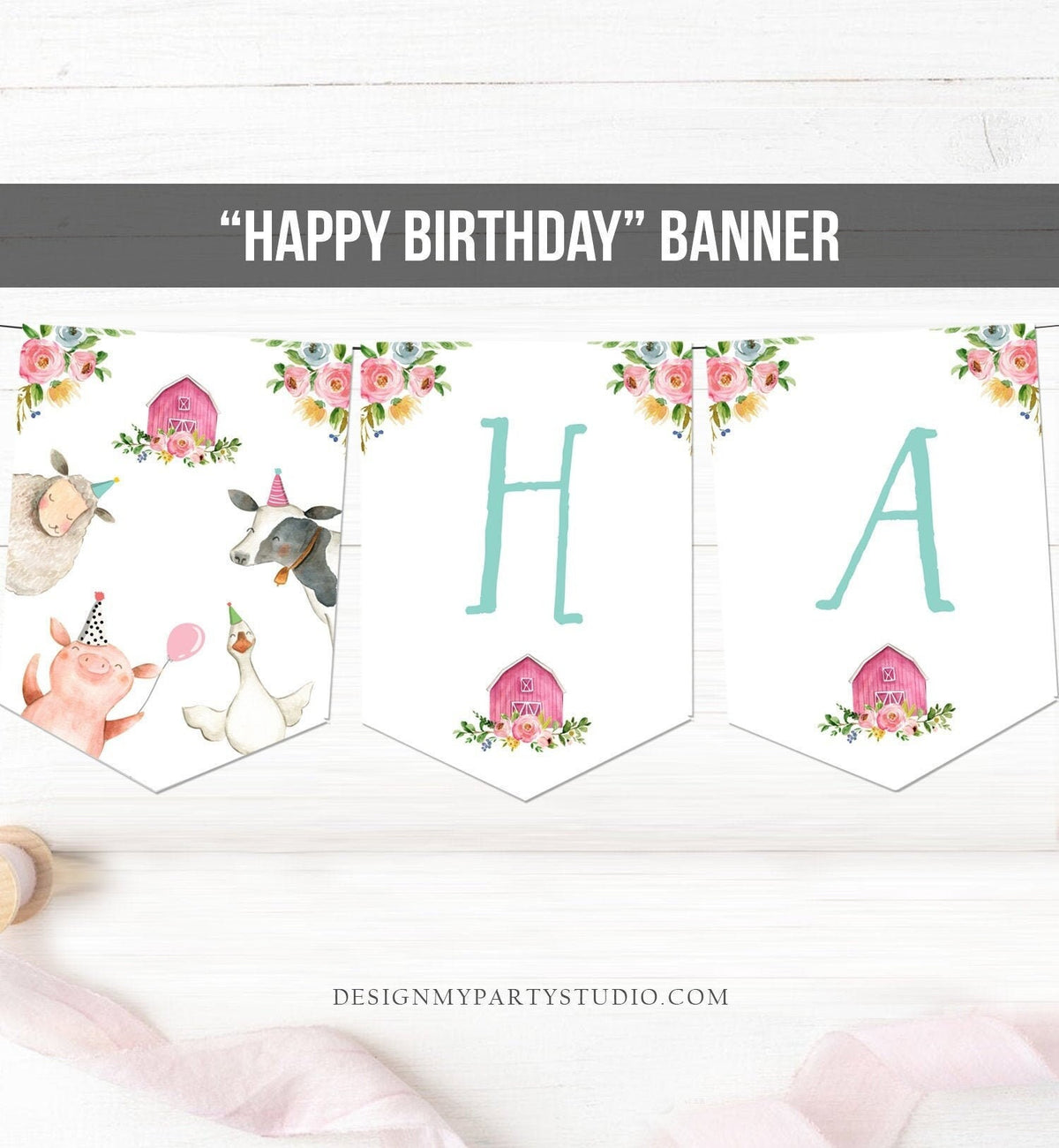 Happy Birthday Banner Pink Farm Animals Birthday Banner Party Animals Girl Barnyard Decorations Instant Digital Download Printable 0155