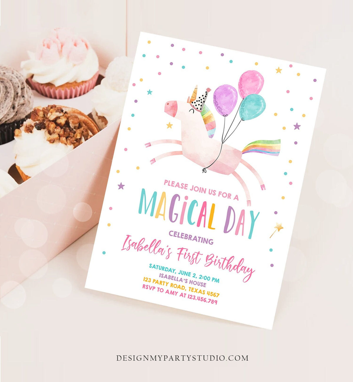 Editable Unicorn Birthday Invitation Magical Party Invite Girl Pink First Birthday Rainbow Digital Download Evite Template Printable 0336