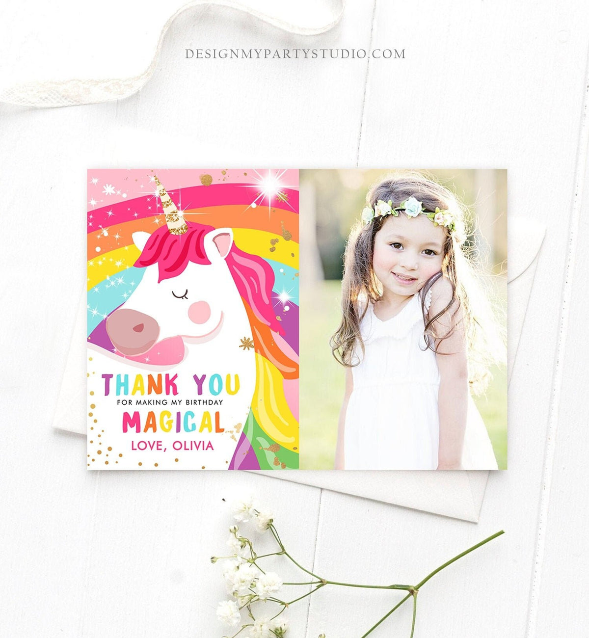 Editable Unicorn Thank You Card Magical Birthday Party Rainbow Thank You Note Pink Girl Photo Unicorn Digital Template Printable 0323