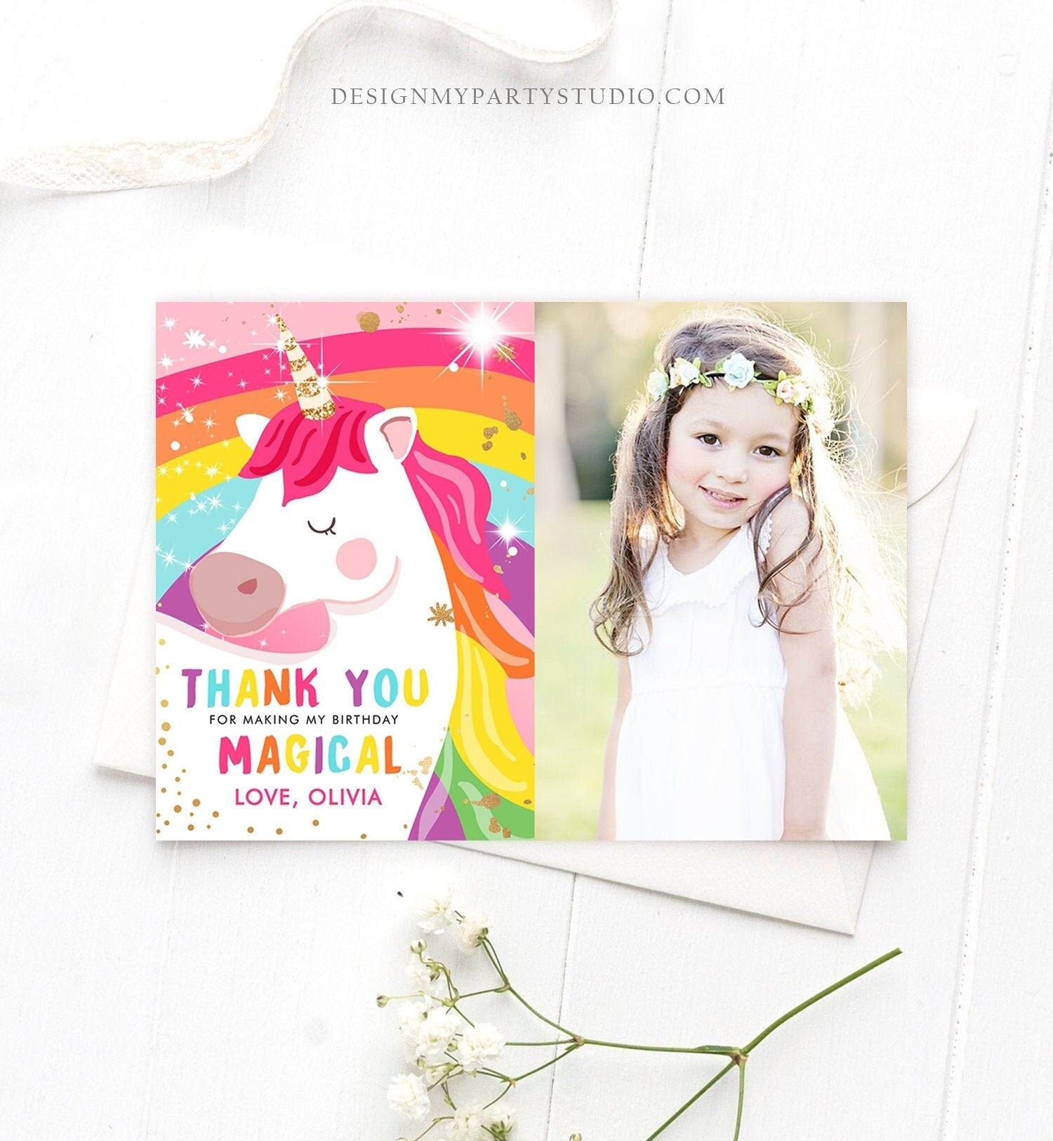 Editable Unicorn Thank You Card Magical Birthday Party Rainbow Thank You Note Pink Girl Photo Unicorn Digital Template Printable 0323