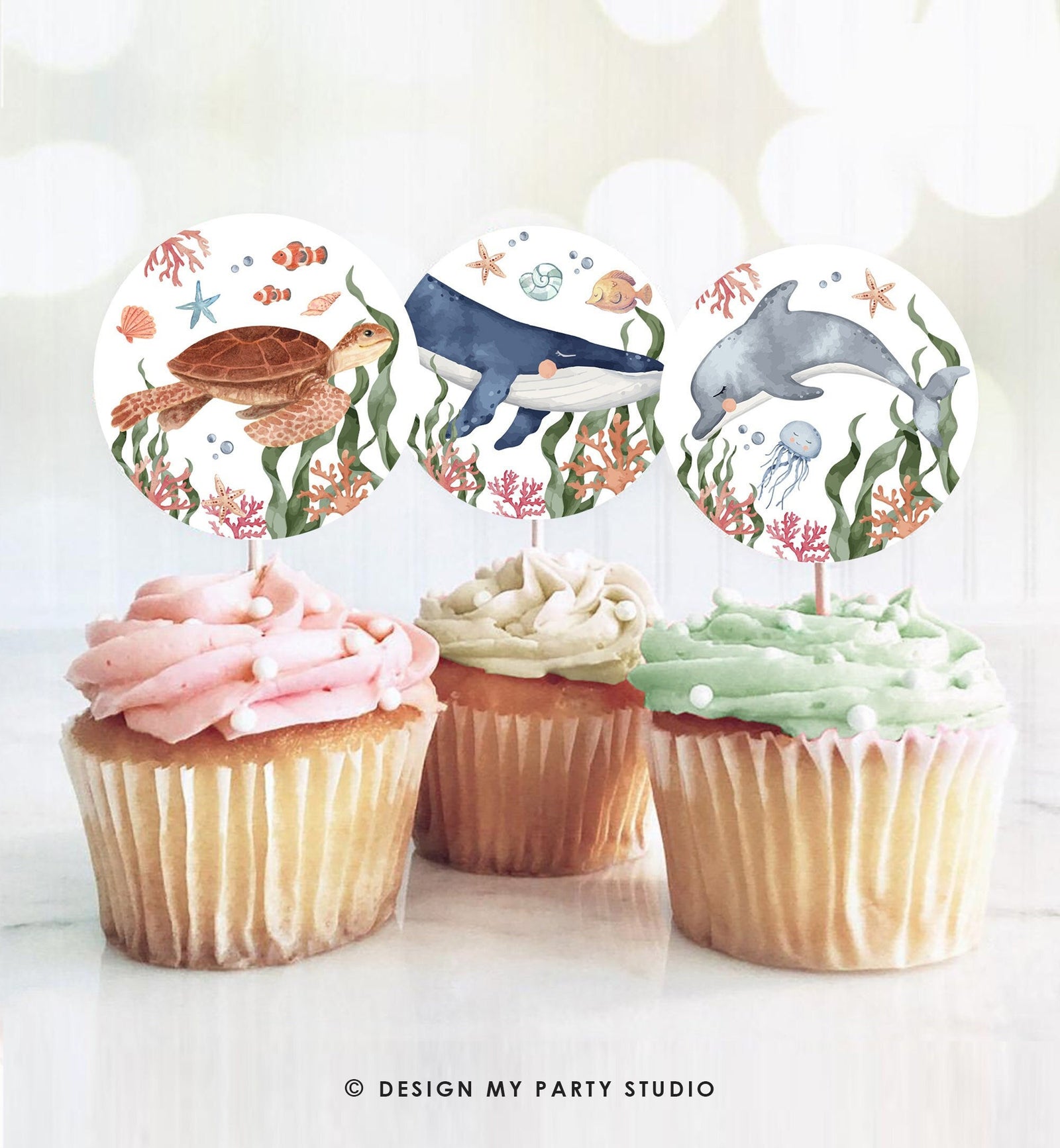 Under the Sea Birthday Party Cupcake Toppers Whale Turtle Dolphin Jellyfish Sea Life Birthday Party Cake Topper Decor Digital Printable 0504