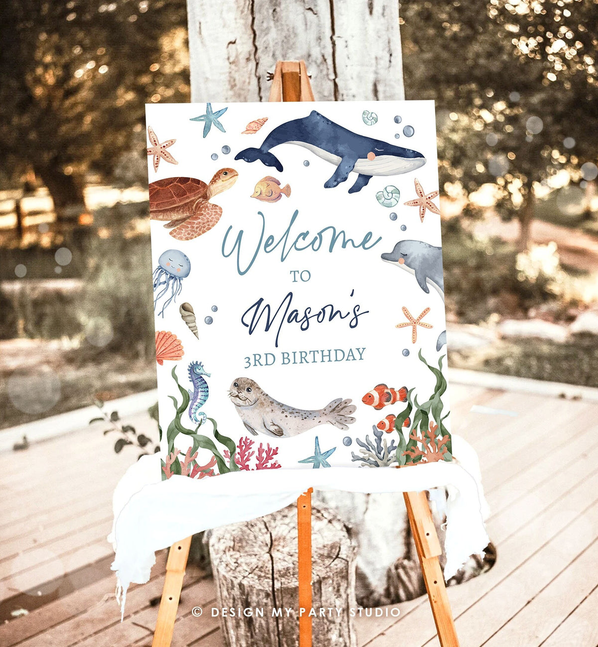 Editable Under the Sea Welcome Sign Nautical Birthday Decor Ocean Animals Whale Turtle Dolphin Sea Life Digital Template Printable 0504