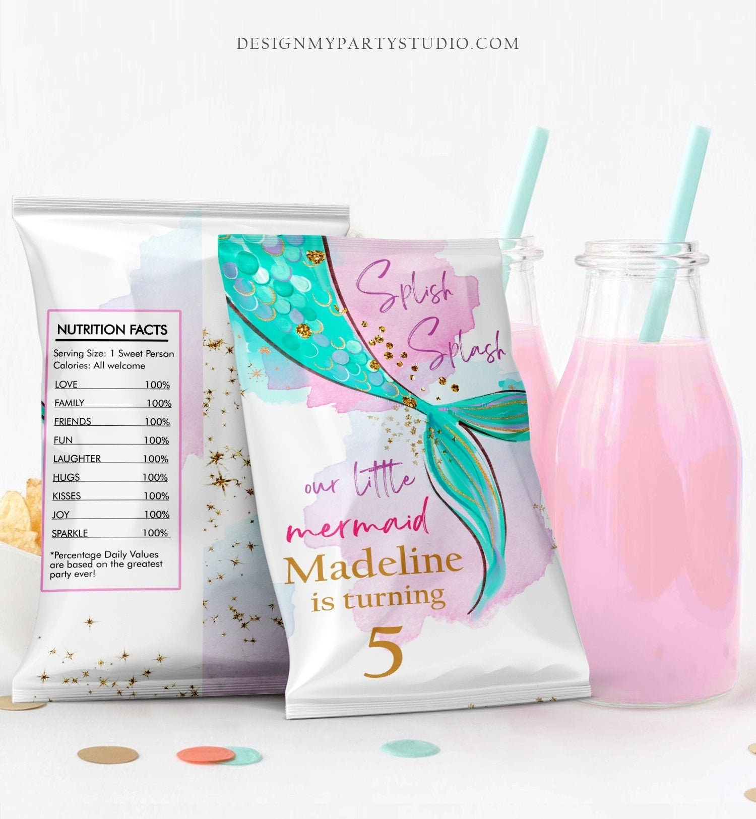 Editable Mermaid Chip Bag Mermaid Birthday Party Decor Girl Pink Purple Gold Under The Sea Snack Favors Digital Template Printable 0403