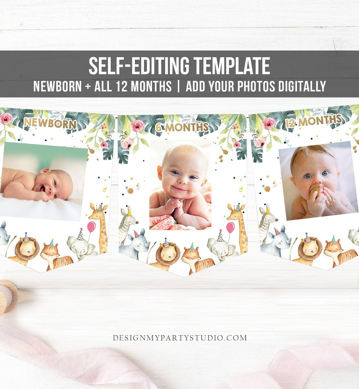 Editable Safari Animals Monthly First Birthday Banner Photo Banner Gold Pink Girl Balloon Hats Wild One Digital Template Printable 0163