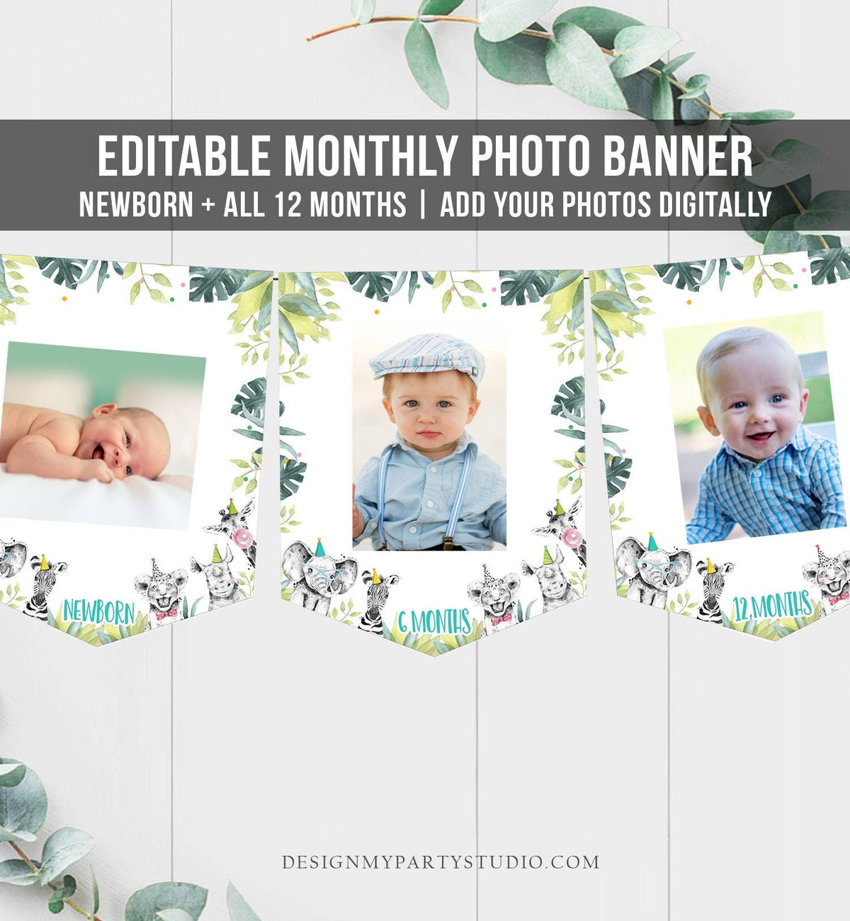Editable Monthly Photo Banner First Birthday Banner Party Animals Safari Animals Banner Wild One Confetti Digital Template Printable 0322