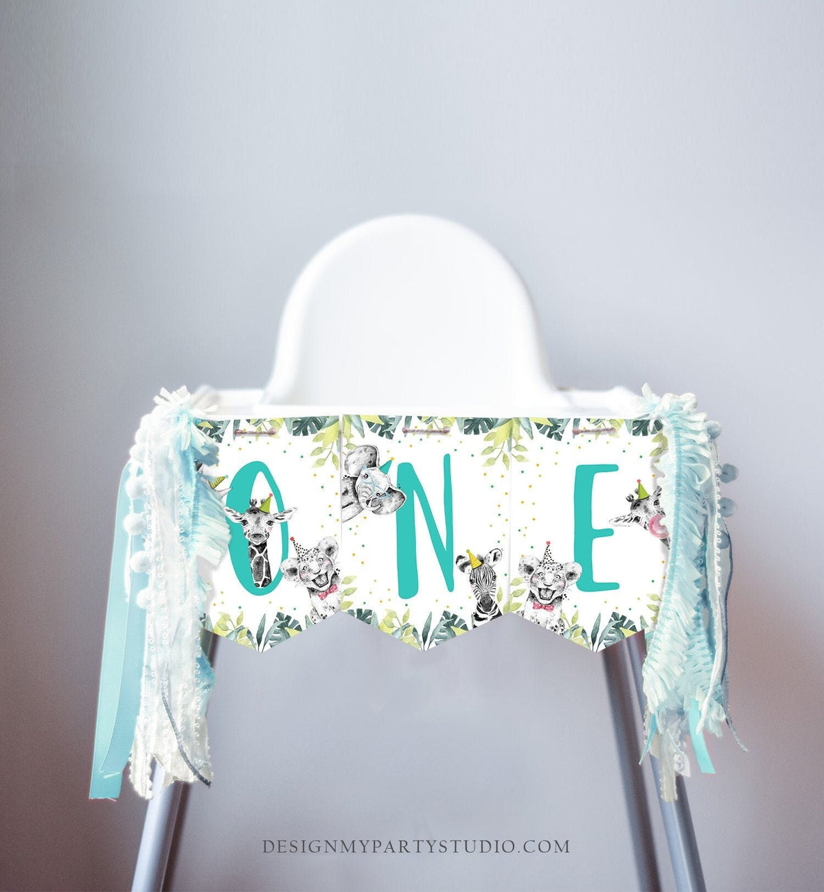 High Chair Banner Safari Animals Boy Party Animals Wild One Birthday Boy Zoo Decorations ONE banner Blue Digital Download Printable 0322