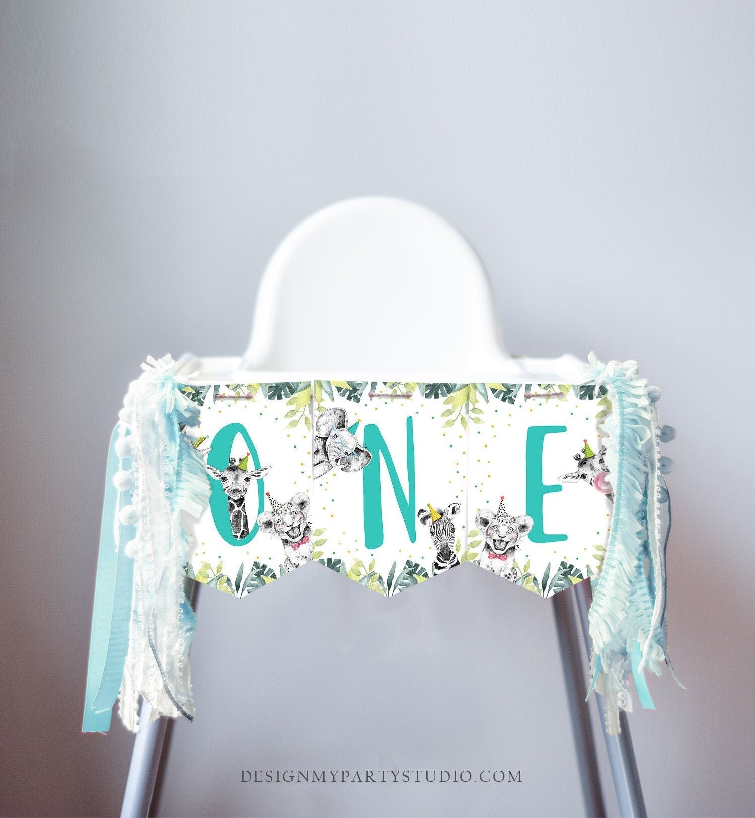 High Chair Banner Safari Animals Boy Party Animals Wild One Birthday Boy Zoo Decorations ONE banner Blue Digital Download Printable 0322