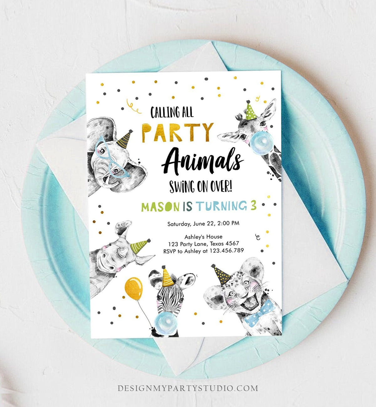 Editable Party Animals Birthday Invitation Wild One Party Animals Zoo Safari Animals Boy Digital Download Evite Template Printable 0390