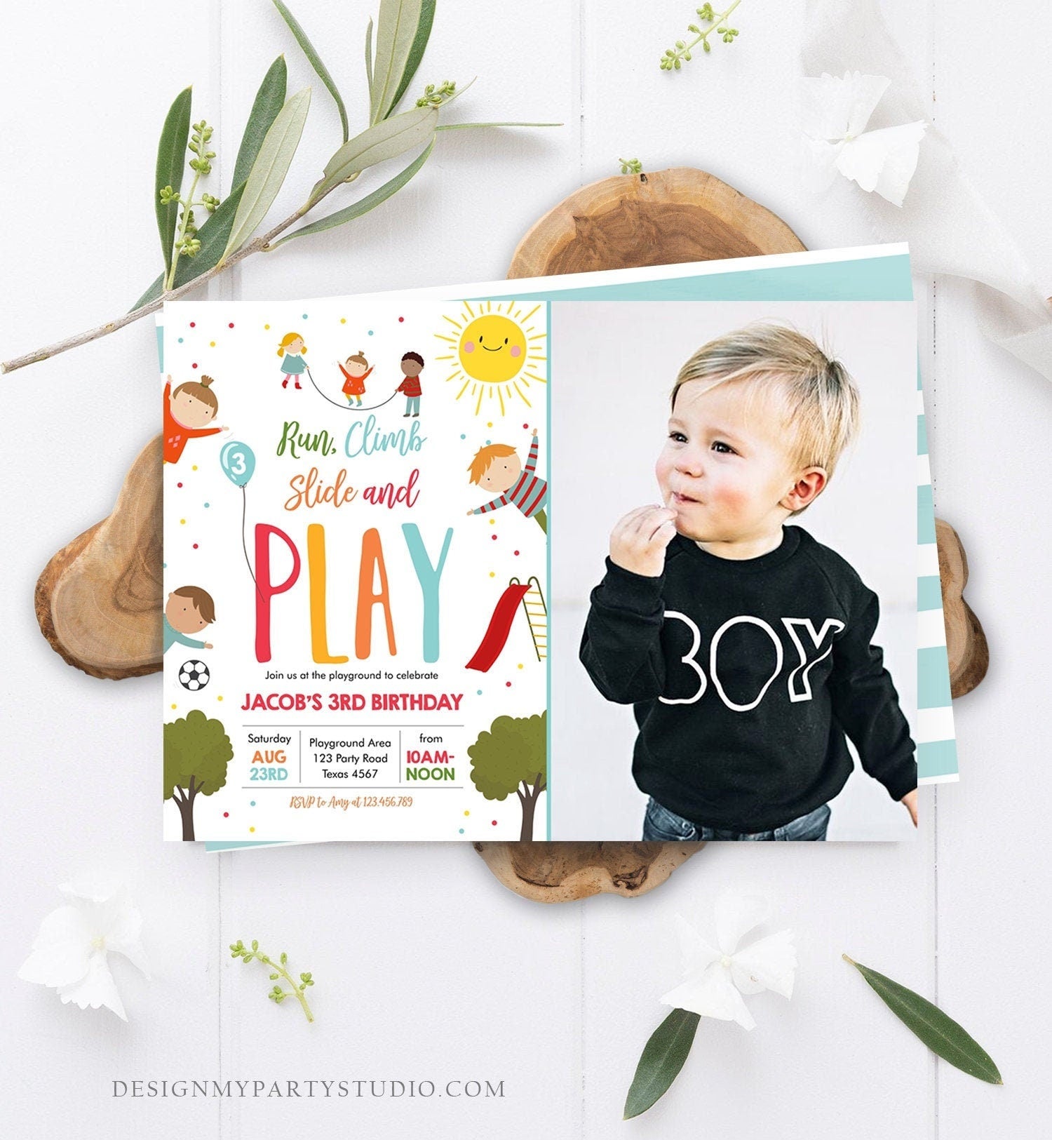 Editable Playground Birthday Invitation Party In The Park Boy Blue Run Climb Slide and Play Digital Download Template Printable 0327