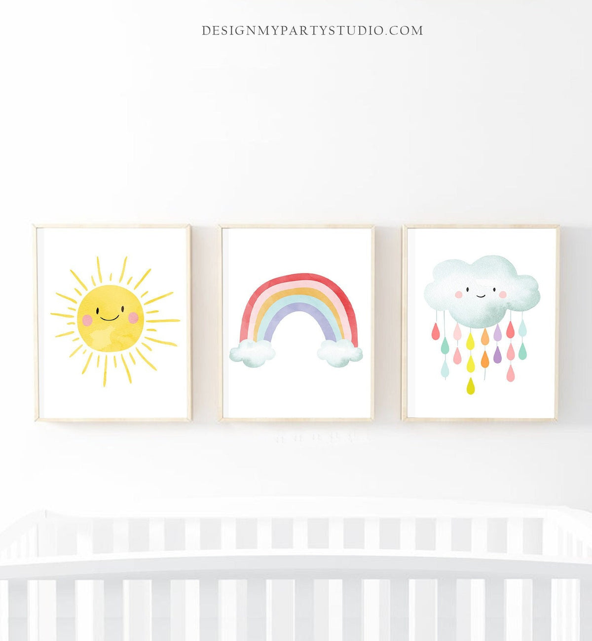 Set of 3 Prints Rainbow Nursery Decor Sunshine Print Cloud Wall Art Nursery Art Watercolor Girls Kids Baby Room Instant Download Printable