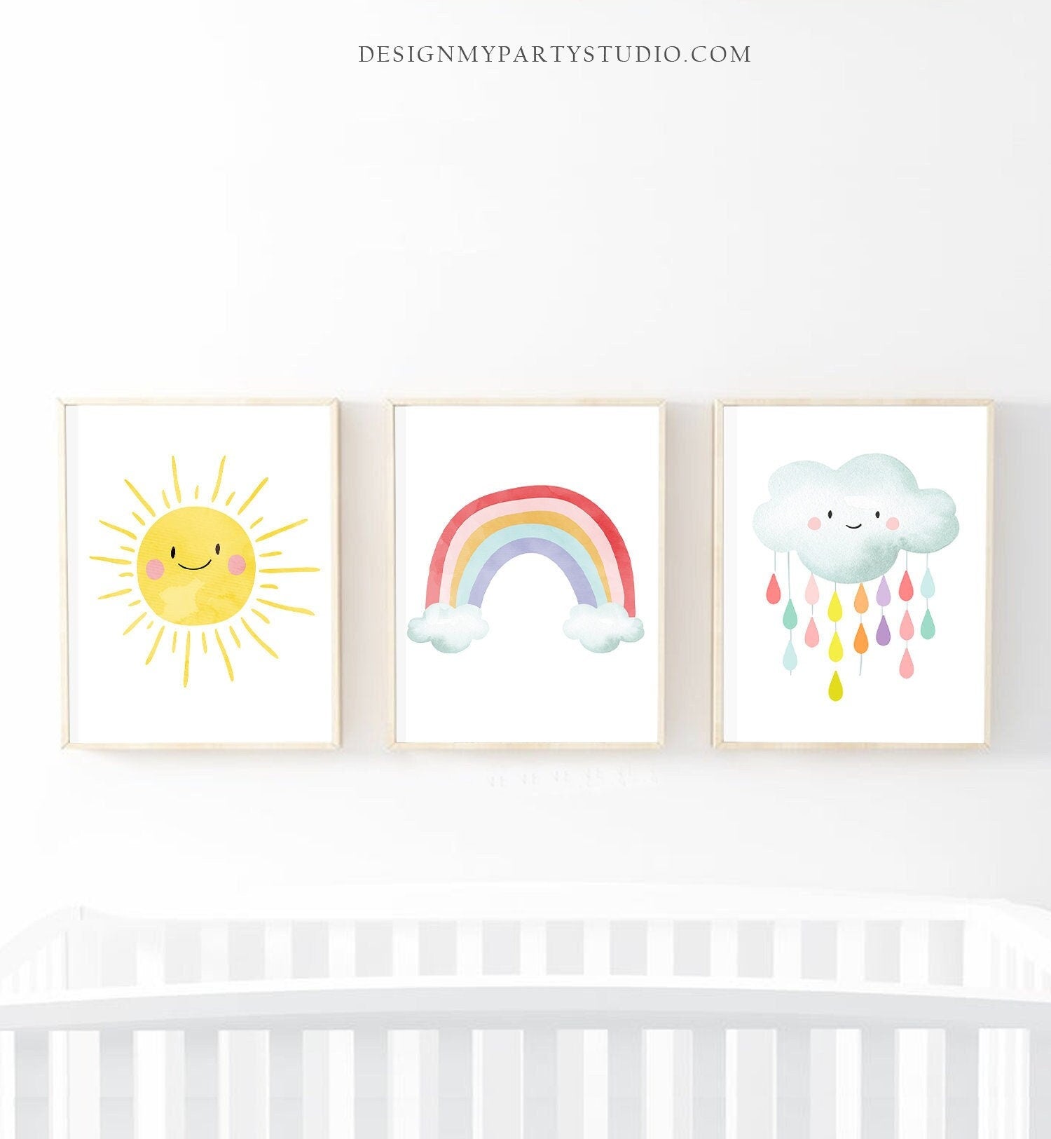 Set of 3 Prints Rainbow Nursery Decor Sunshine Print Cloud Wall Art Nursery Art Watercolor Girls Kids Baby Room Instant Download Printable