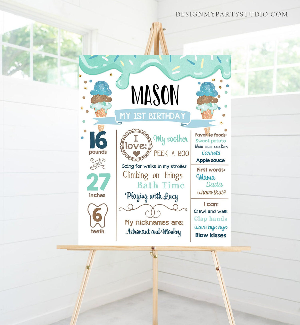 Editable Ice Cream Birthday Milestones Sign Boy First Birthday Sign Firsts Cone Sweet One Poster Digital Download Template Printable 0243