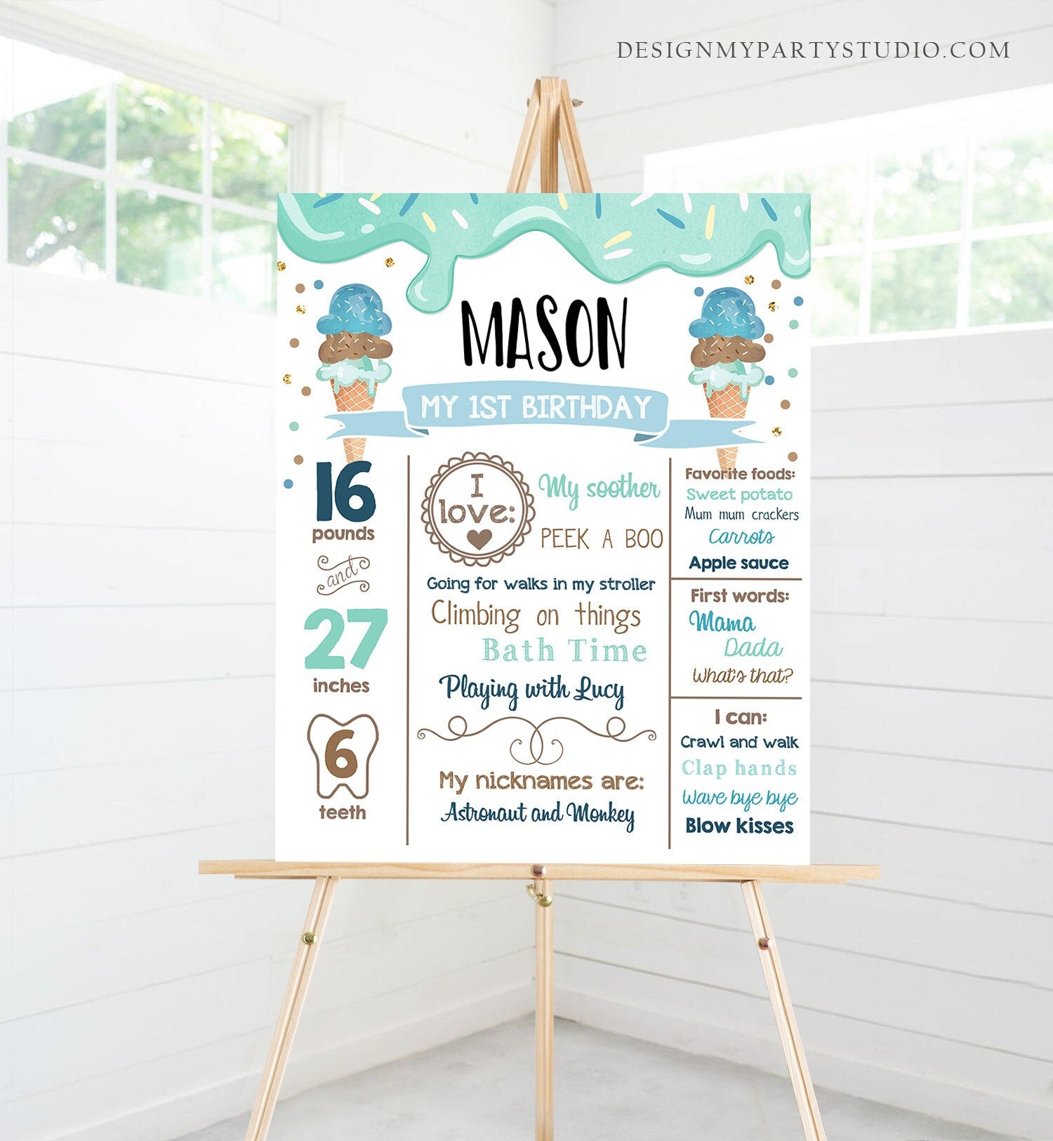 Editable Ice Cream Birthday Milestones Sign Boy First Birthday Sign Firsts Cone Sweet One Poster Digital Download Template Printable 0243