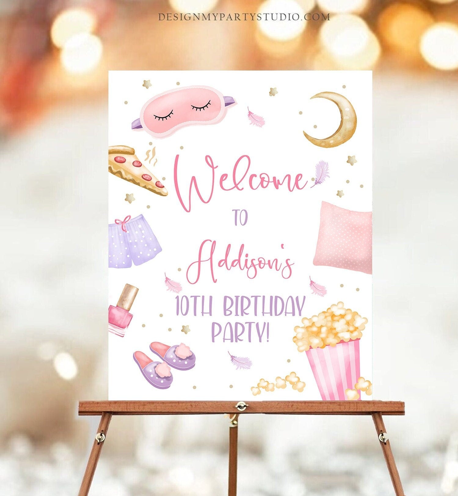 Editable Sleepover Birthday Welcome Sign Slumber Party Poster Pajamas Movie Night Pizza Popcorn Digital Download Template Printable 0447