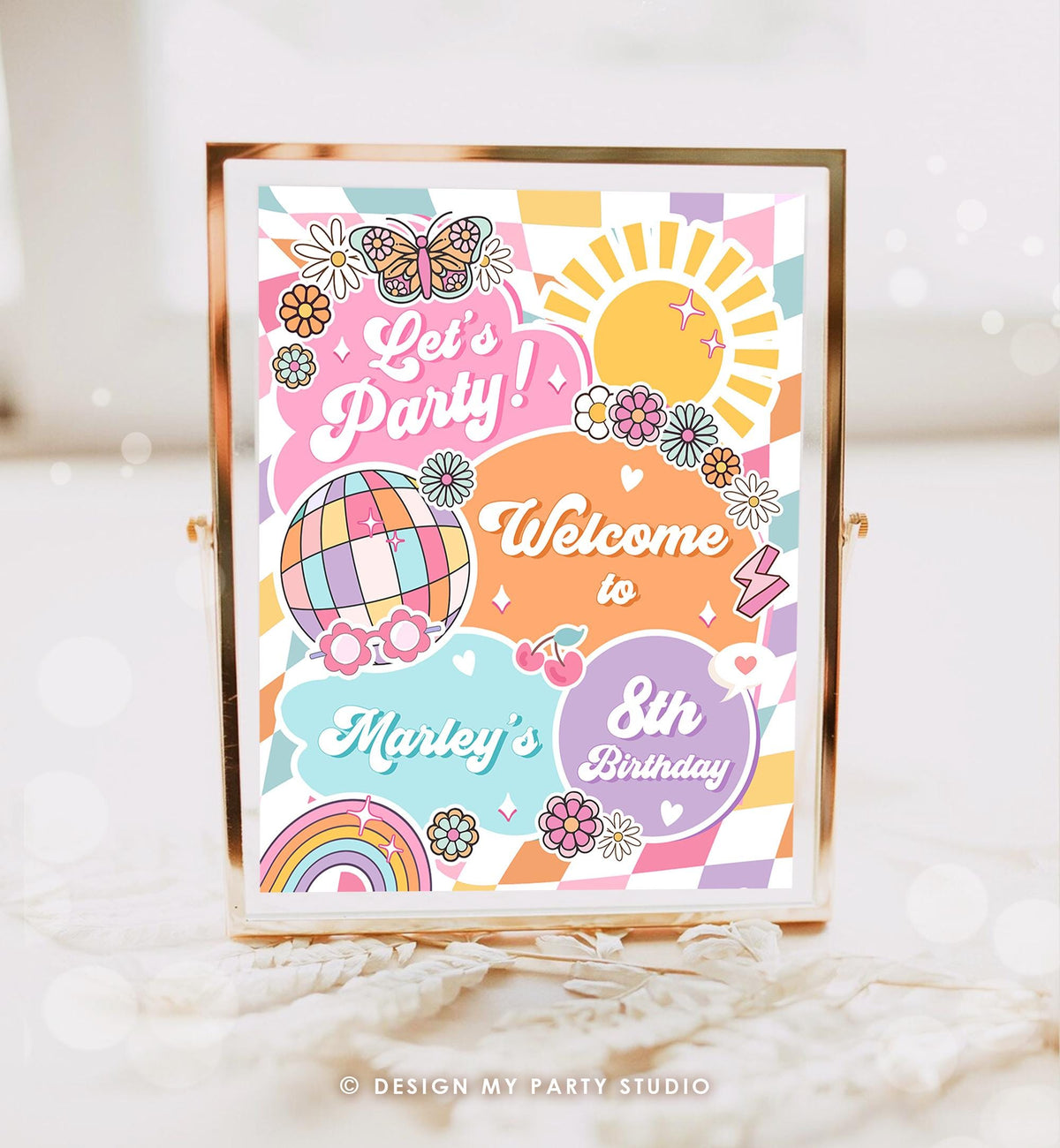 Editable Groovy Birthday Welcome Sign Rainbow Sunshine Girl Pink Peace Love Party Retro Hippie Digital Download Template Printable 0524