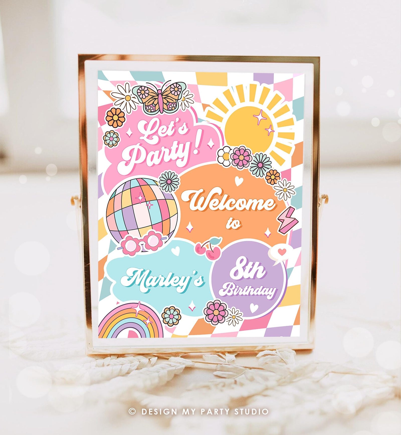Editable Groovy Birthday Welcome Sign Rainbow Sunshine Girl Pink Peace Love Party Retro Hippie Digital Download Template Printable 0524