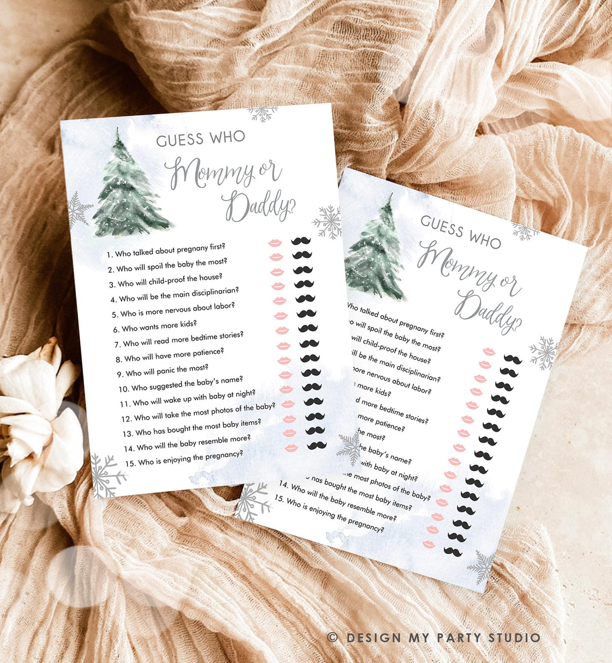 Editable Guess Who Mommy or Daddy Baby Shower Game Winter Baby Shower Cold Outside Girl Blue Tree Watercolor Digital Template Printable 0363