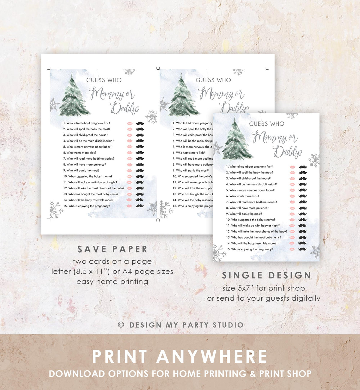 Editable Guess Who Mommy or Daddy Baby Shower Game Winter Baby Shower Cold Outside Girl Blue Tree Watercolor Digital Template Printable 0363