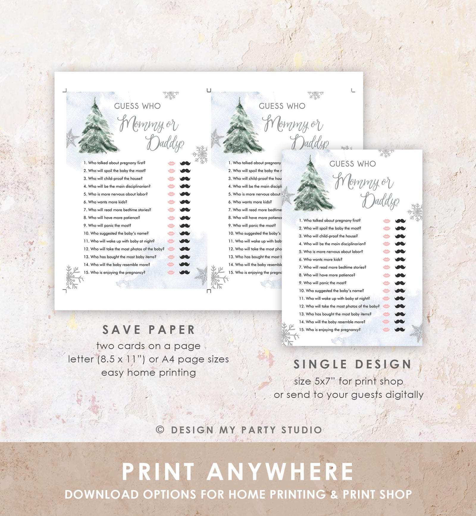 Editable Guess Who Mommy or Daddy Baby Shower Game Winter Baby Shower Cold Outside Girl Blue Tree Watercolor Digital Template Printable 0363