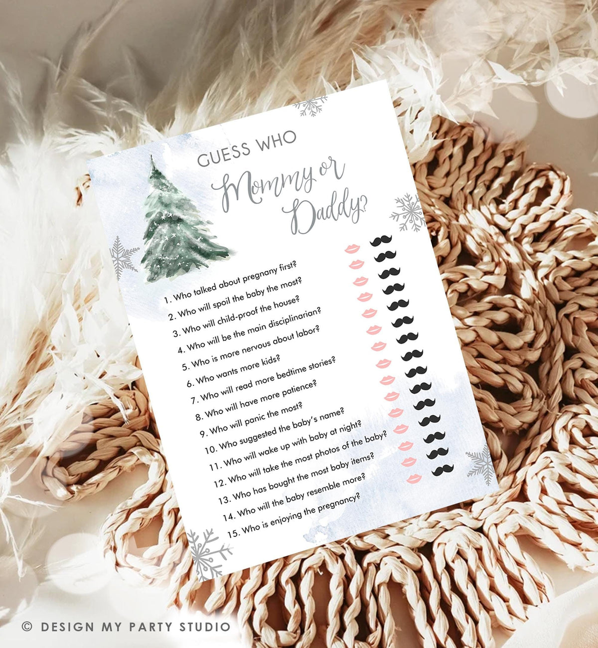 Editable Guess Who Mommy or Daddy Baby Shower Game Winter Baby Shower Cold Outside Girl Blue Tree Watercolor Digital Template Printable 0363