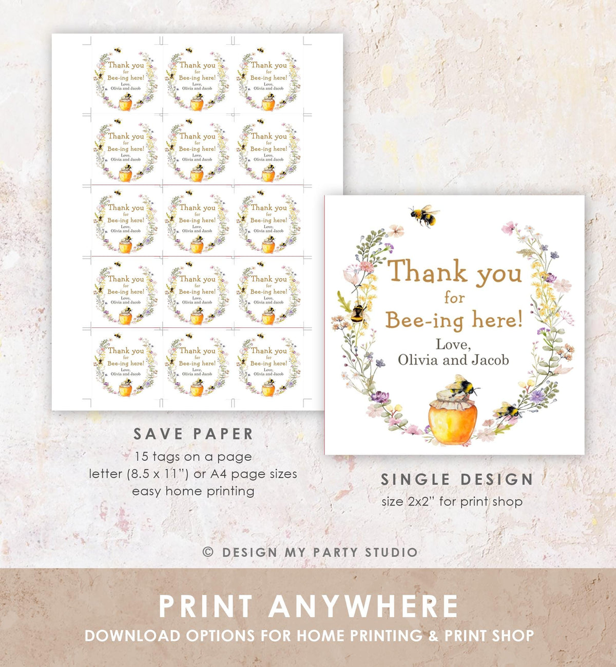 Editable Rustic Bee Favor Tags Bee Gender Reveal Baby Shower Honey Bee Birthday Thank You for Bee-ing Here Digital Template Printable 0502