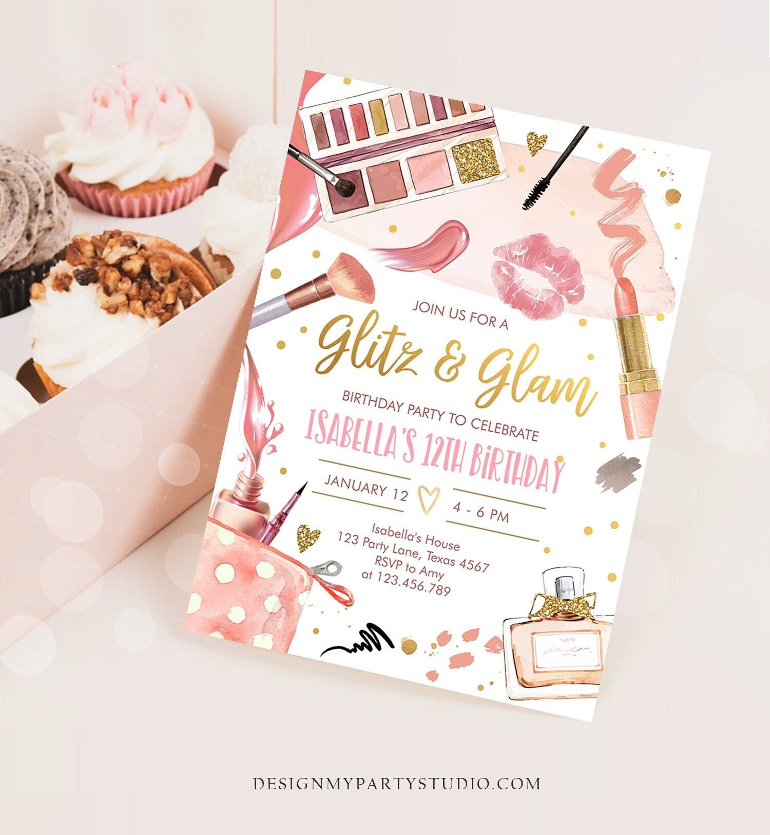 Editable Glitz and Glam Birthday Party Invitation Spa Party Makeup Birthday Invitation Pink Gold Girl Digital Evite Template Printable 0420