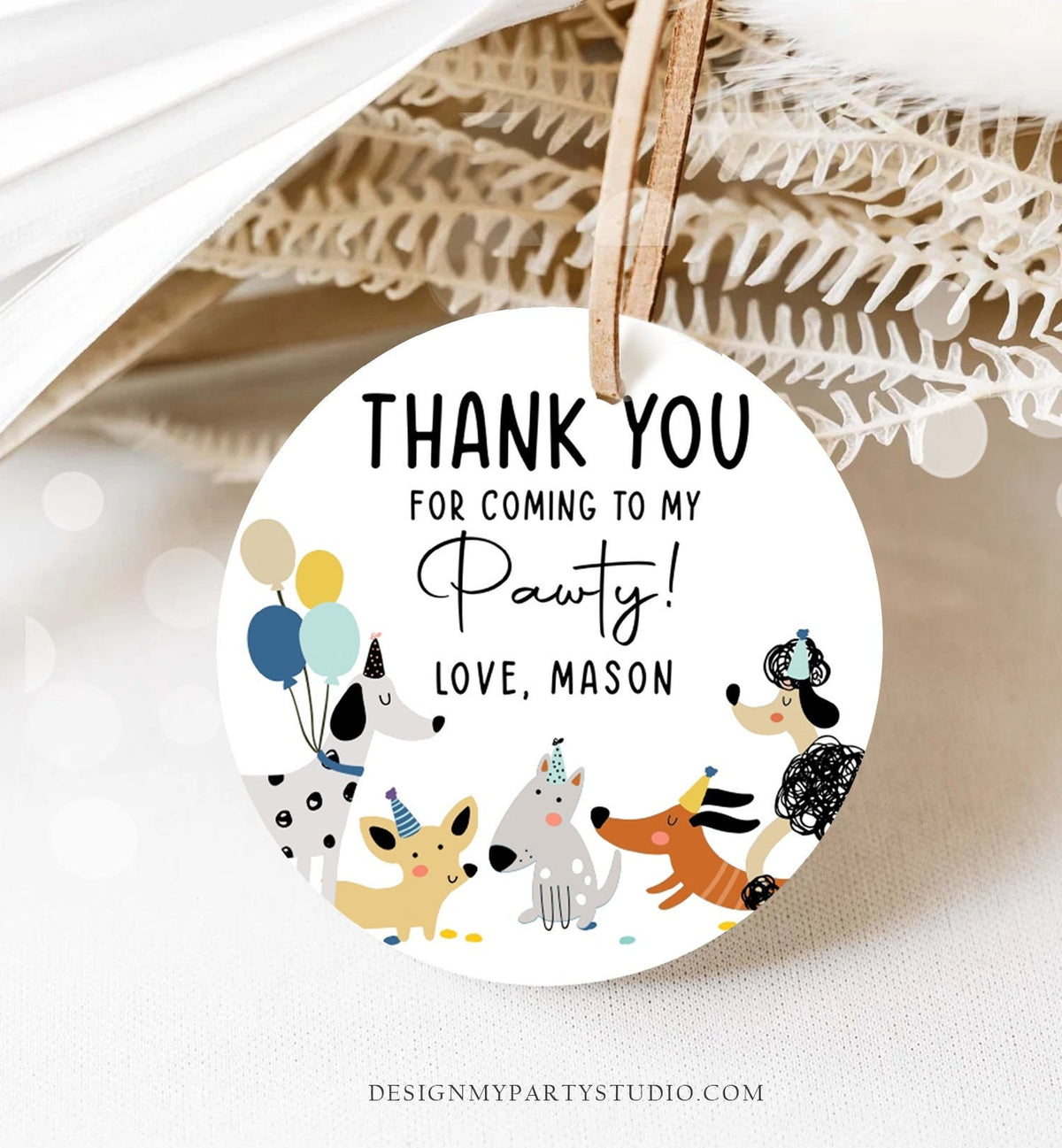 Editable Dog Favor Tag Puppy Dog Birthday Thank You Tag Boy Blue Puppies Pup Pet Animal Dog Stickers Digital Template Printable 0429