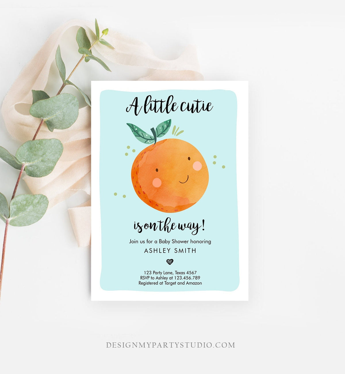 Editable A Little Cutie is on The Way Baby Shower Invitation Clementine Orange Coed Shower Boy Blue Digital Download Template Printable 0330