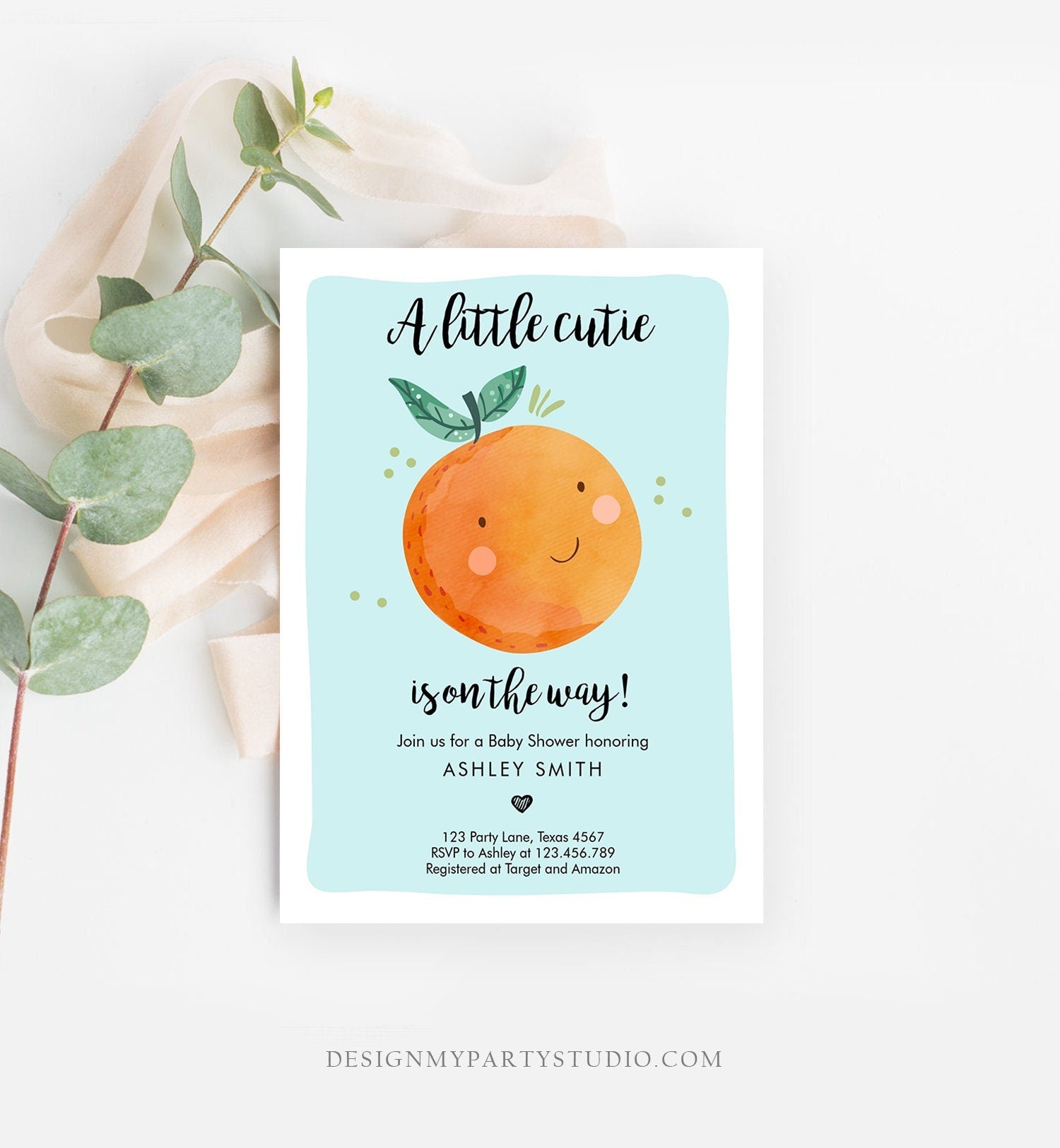 Editable A Little Cutie is on The Way Baby Shower Invitation Clementine Orange Coed Shower Boy Blue Digital Download Template Printable 0330