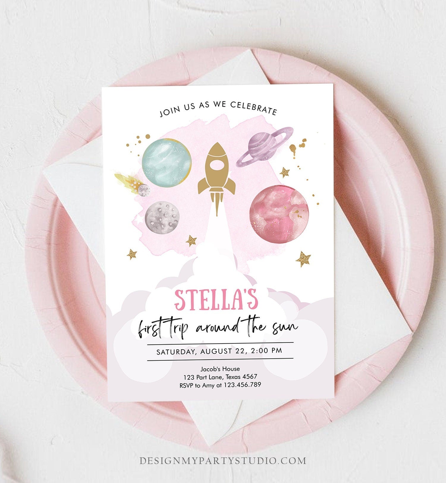 Editable Outer Space Girl First Birthday Invitation Galaxy Blast Off First Trip Around the Sun Pink Digital Evite Template Printable 0357