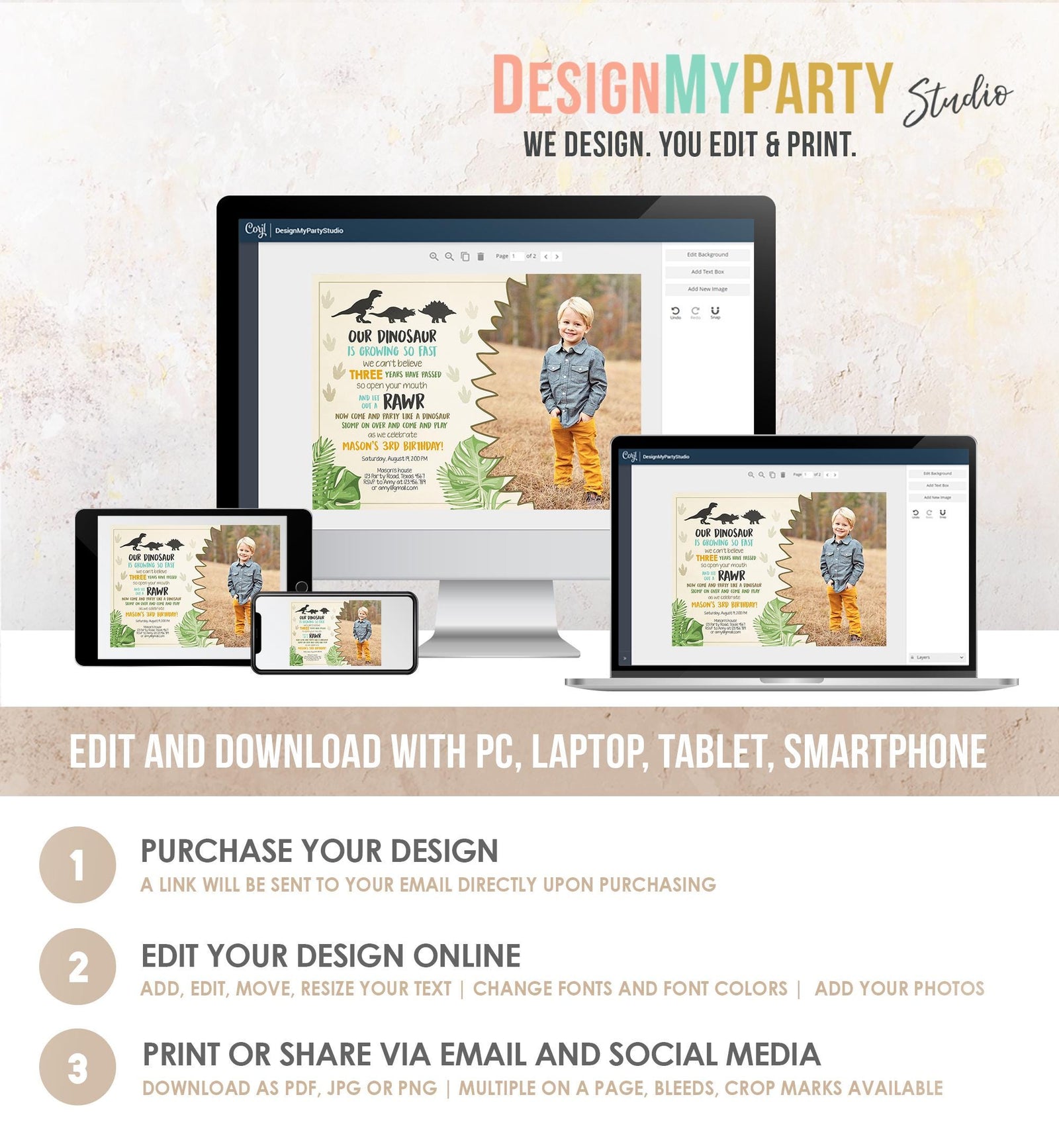 Editable Dinosaur Birthday Invitation Dino Dig Party Prehistoric Boy Photo T-Rex RAWR Digital Download Evite Template Printable 0043