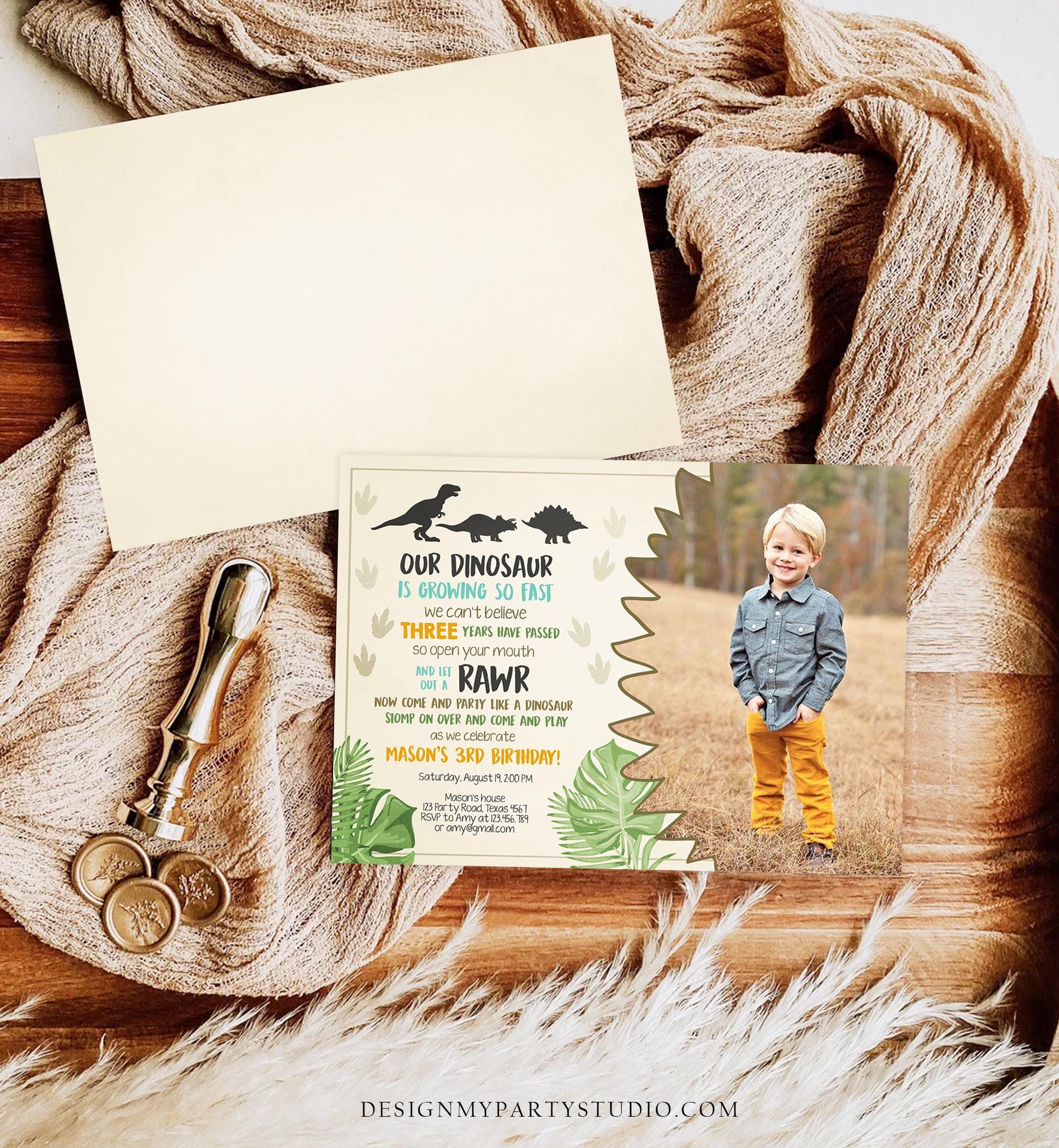 Editable Dinosaur Birthday Invitation Dino Dig Party Prehistoric Boy Photo T-Rex RAWR Digital Download Evite Template Printable 0043