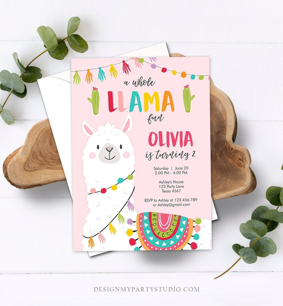 Editable Whole Llama Fun Birthday Invitation Fiesta Mexican Cactus Pink Girl Teal Alpaca Digital Download Corjl Template Printable 0079