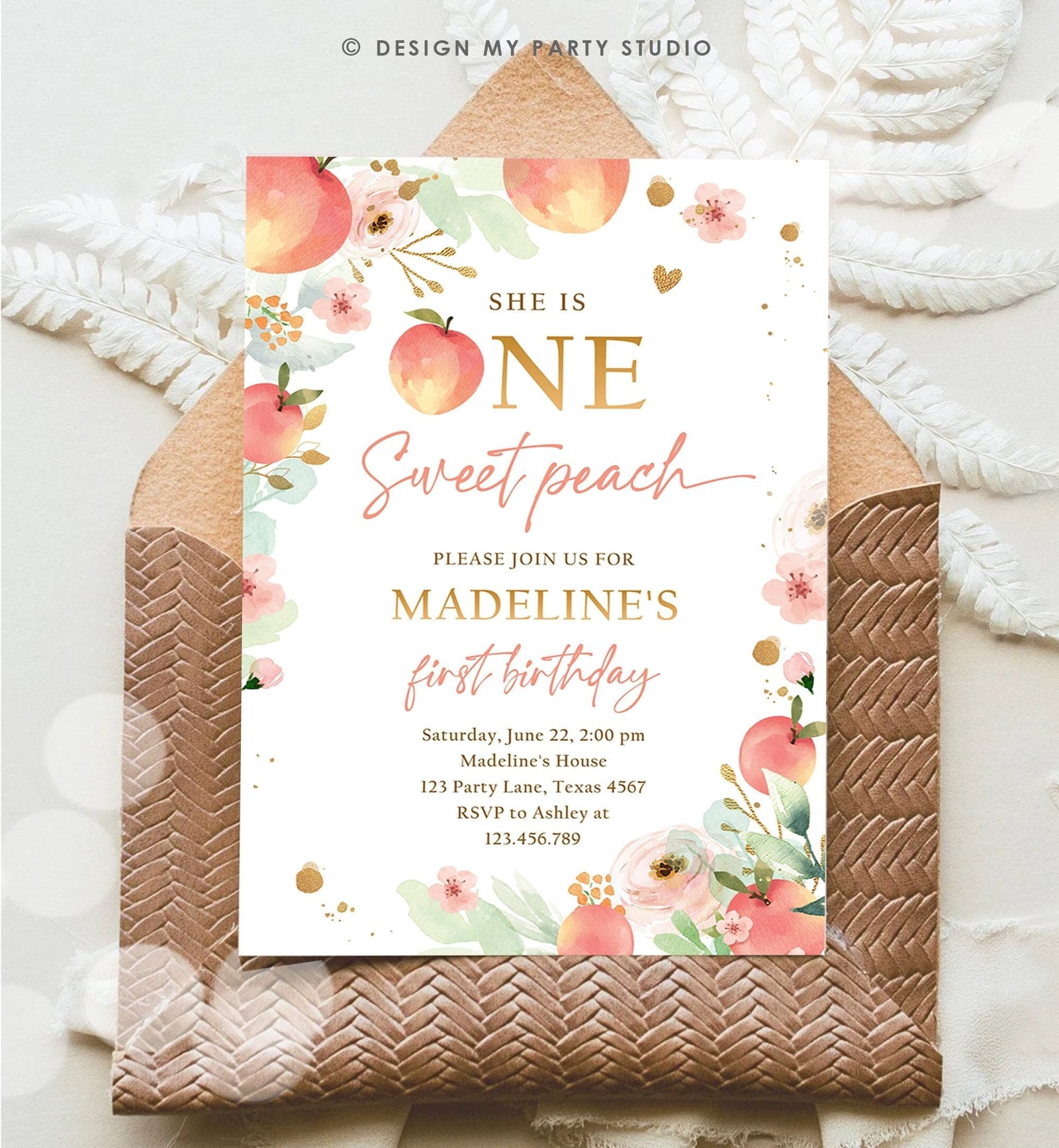 Editable One Sweet Peach First Birthday Invitation 1st Birthday Sweet Peach Girl Boho Peaches Digital Download Evite Template Printable 0401