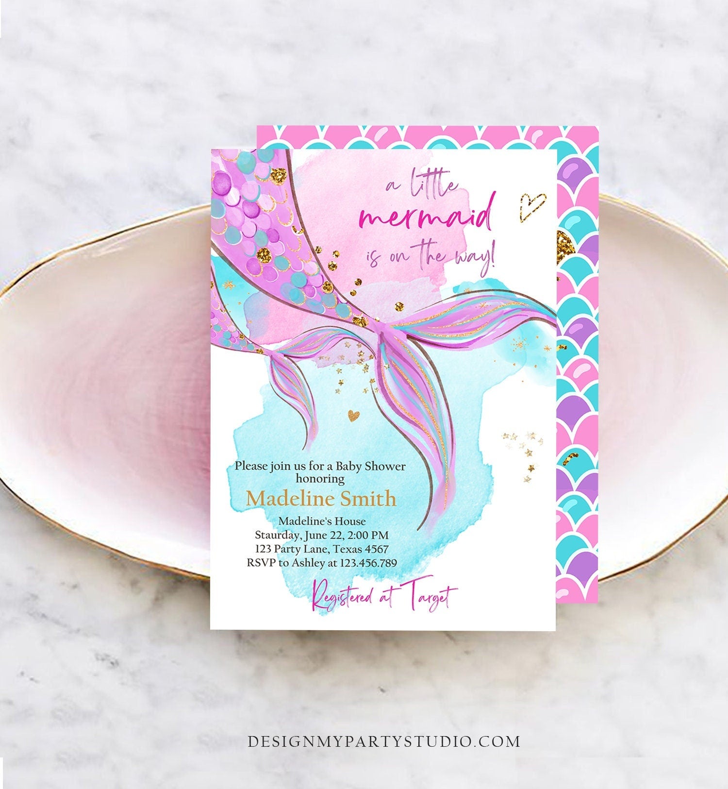 Editable Mermaid Baby Shower Invitation Little Mermaid Girl Under The Sea Baby Shower Pink Purple Digital Download Template Printable 0403