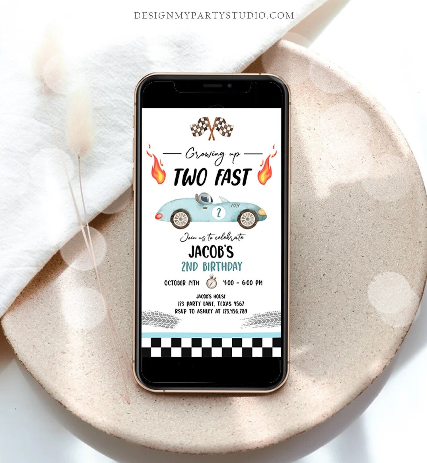 Editable Racing Car Birthday Invitation Growing Up Two Fast Second Birthday 2nd Boy Blue Electronic Phone Digital Evite Template 0424