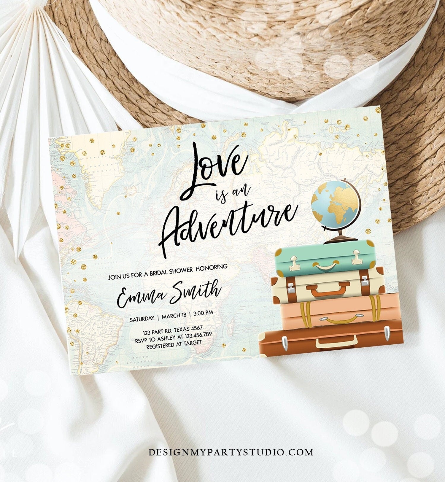 Editable Love is an Adventure Bridal Shower Invitation Traveling to Mrs Travel World Map Suitcases Digital Download Template Printable 0263