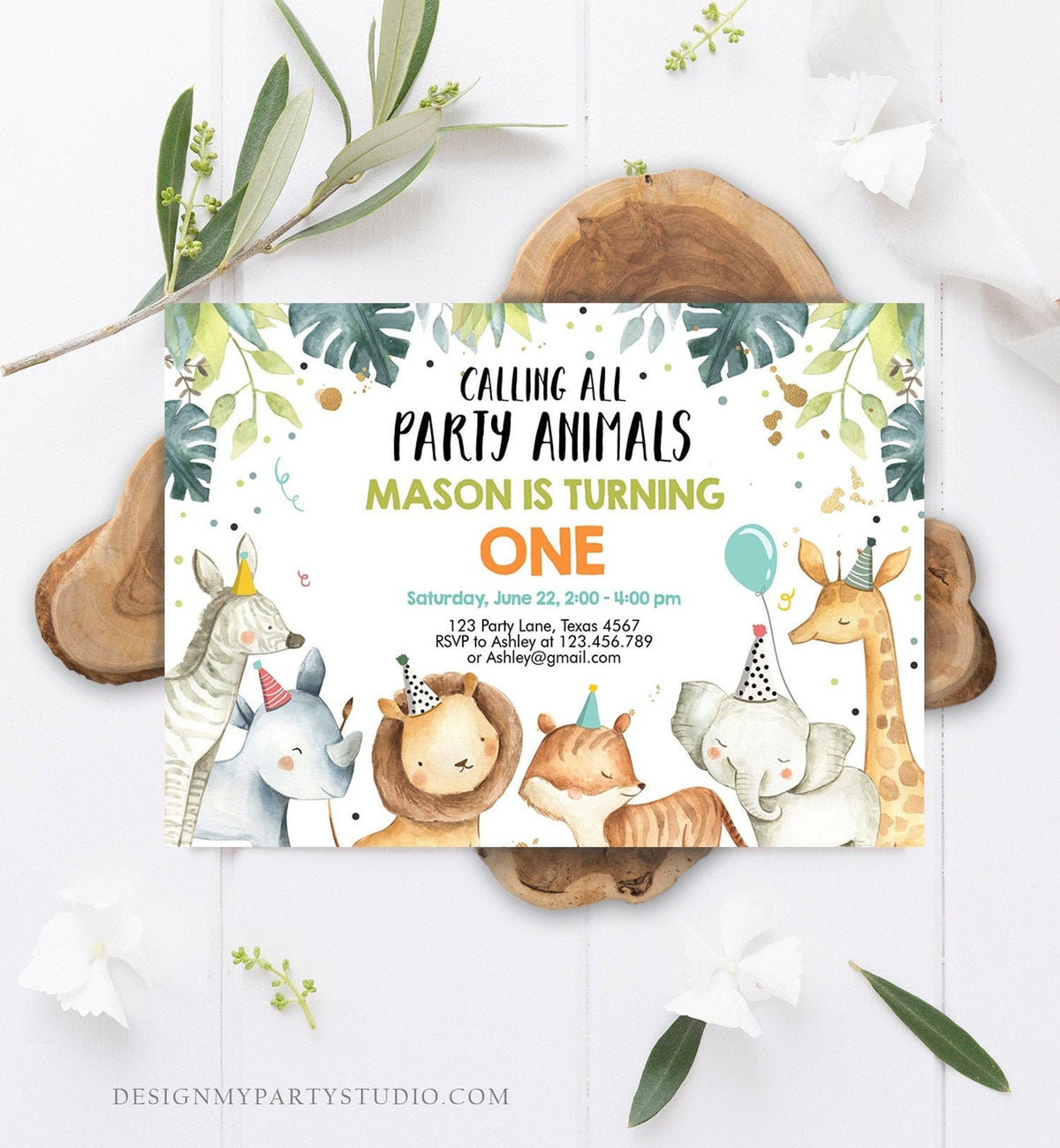 Editable Party Animals Birthday Invitation Wild One Animals Invitation Zoo Safari Animals Boy Digital Download Evite Template Printable 0163