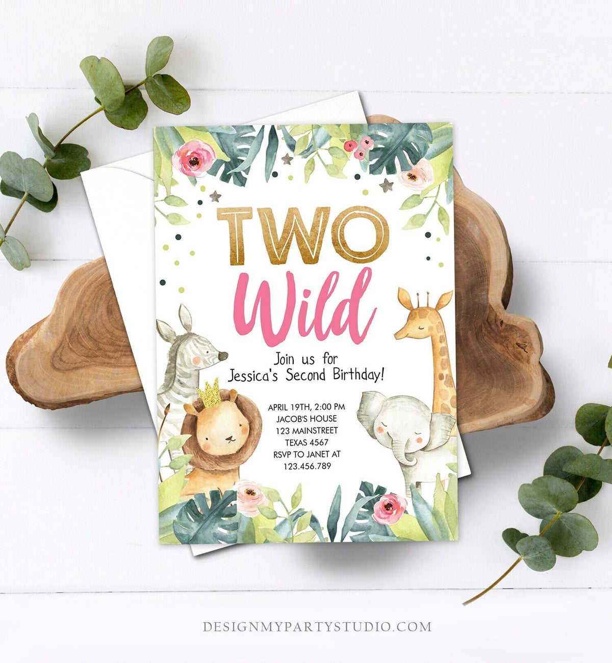 Editable Two Wild Birthday Invitation Girl Animals Invite Party Jungle Safari Pink Gold Zoo Digital Download Evite Template Printable 0163