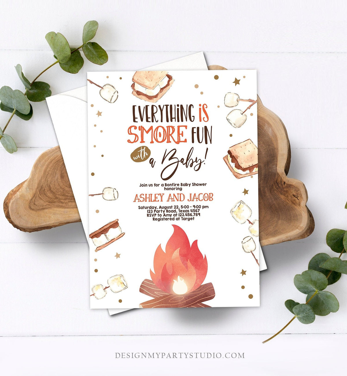 Editable S&#39;more Baby Shower Invitation Bonfire Baby Shower Autumn Couples Shower Fall Smores Digital Download Evite Template Printable 0179
