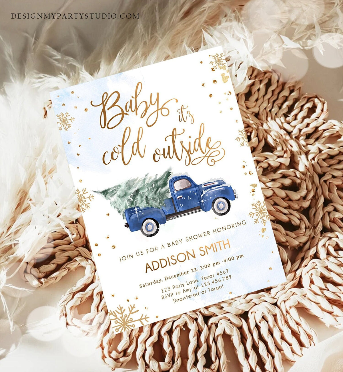 Editable Baby Its Cold Outside Baby Shower Invitation Winter Truck Blue Boy Baby Shower Gold Watercolor Tree Digital Template Printable 0495