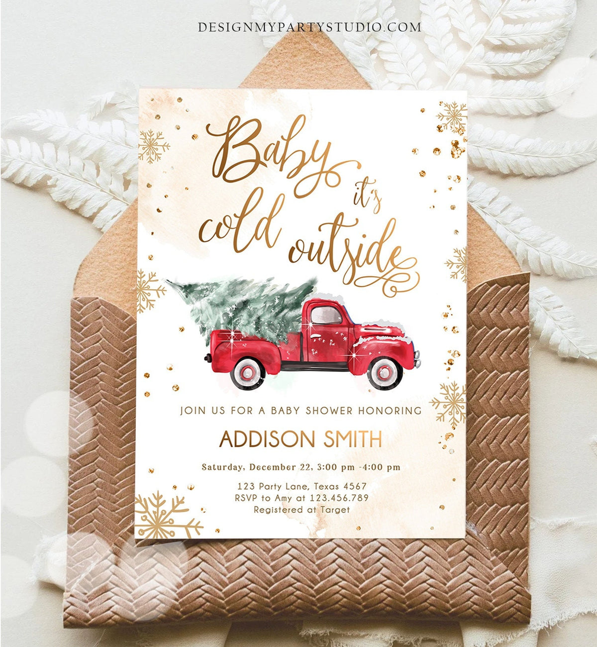 Editable Baby Its Cold Outside Baby Shower Invitation Winter Truck Red Gender Neutral Baby Shower Gold Tree Download Template Printable 0495